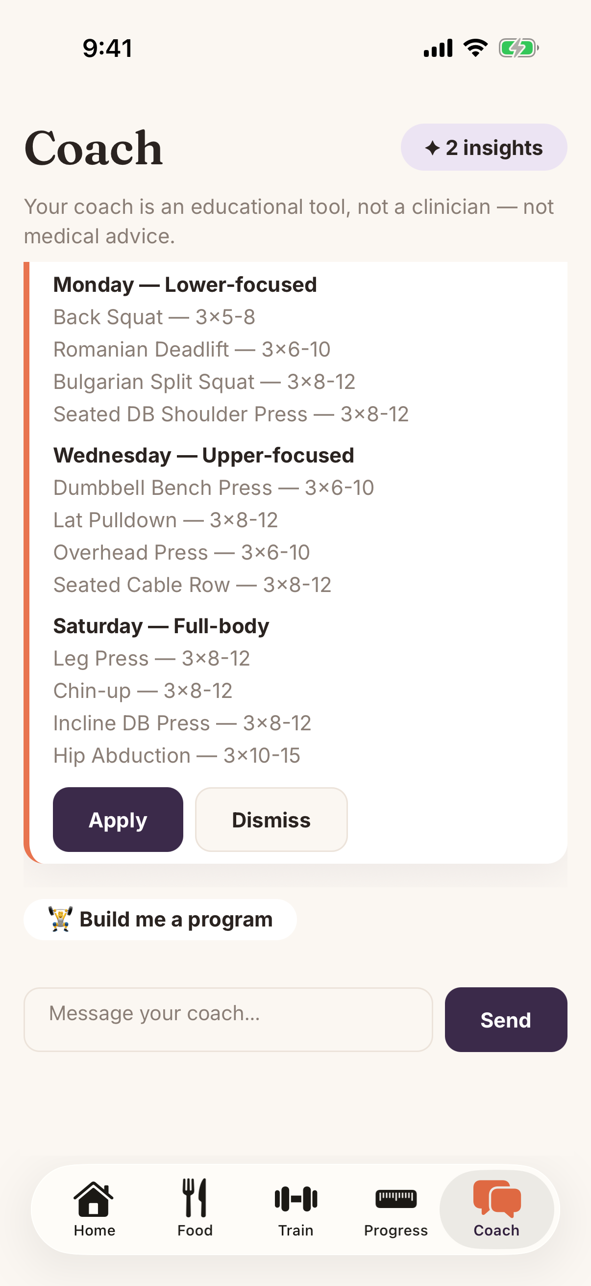 A real coach proposal in Zabeau — a 3-day training program with one tap to Apply or Dismiss